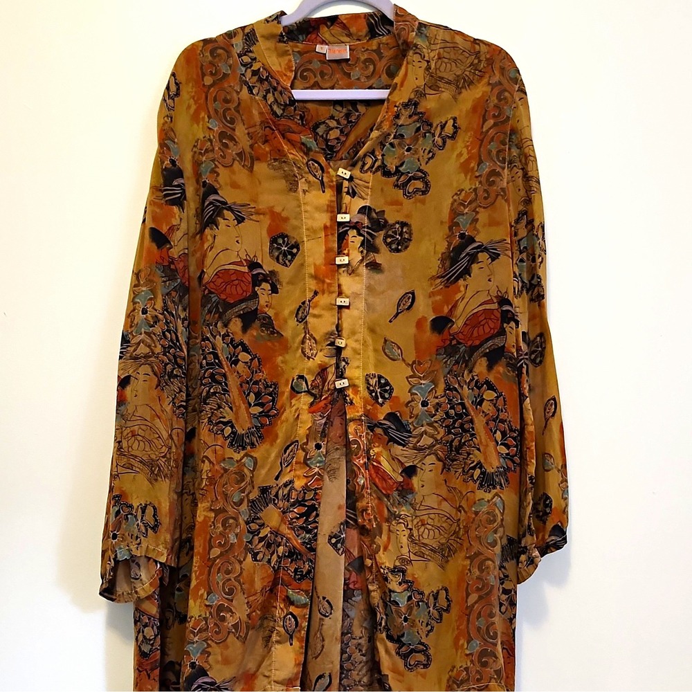 VTG Tianello Garment Dyed Geisha Print Willow Blouse 100% Rayon Blouse Y2k SZ L